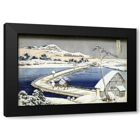 Pontoon Bridge at Sano, Kozuke Province, Ancient View Black Modern Wood Framed Art Print with Double Matting by Hokusai