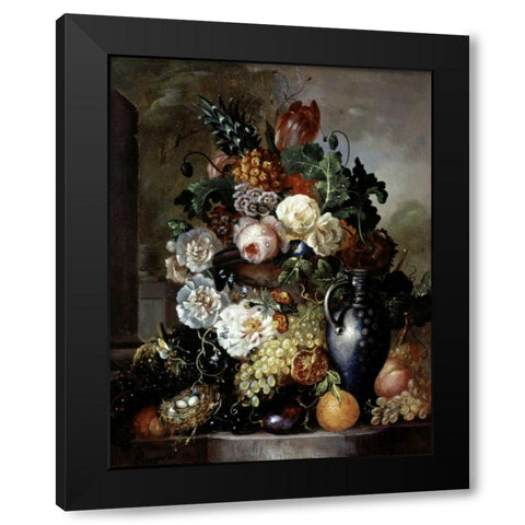 Still Life of Fruit and Flowers Black Modern Wood Framed Art Print with Double Matting by Hyugens, Francois Joseph