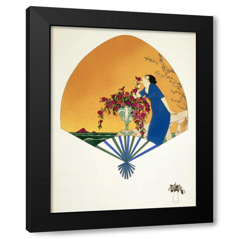 Fan: Woman On Balcony Smelling Rose Black Modern Wood Framed Art Print with Double Matting by Iribe, Paul