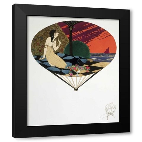 Fan: Woman Seated On Pillow Looking at Sea Black Modern Wood Framed Art Print with Double Matting by Iribe, Paul