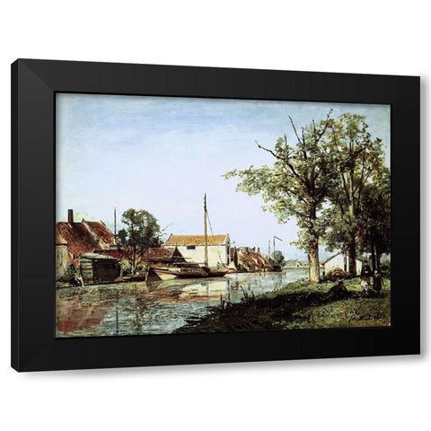 A Dutch Canal Scene Black Modern Wood Framed Art Print with Double Matting by Jongkind, Johan Barthold