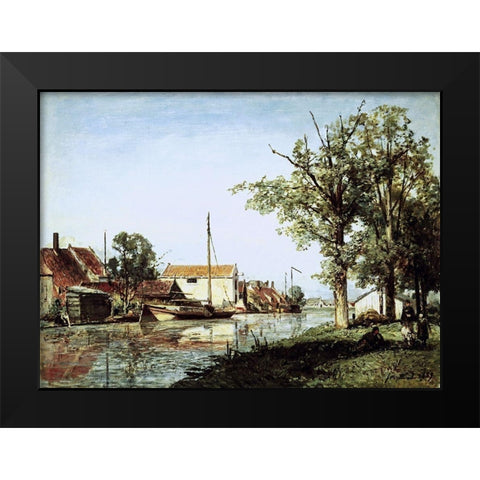 A Dutch Canal Scene Black Modern Wood Framed Art Print by Jongkind, Johan Barthold