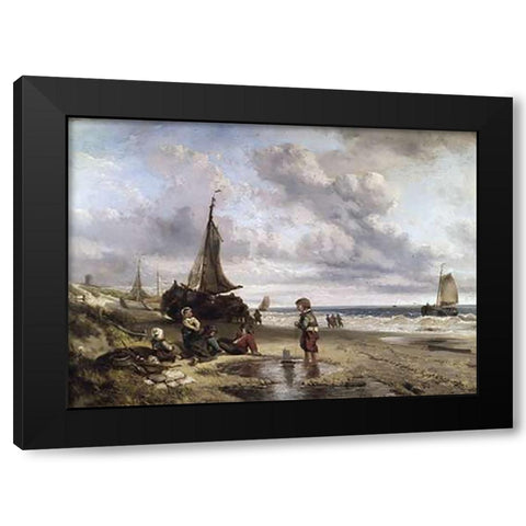 Children Playing By The Ocean Black Modern Wood Framed Art Print by Kate, Jan Mari