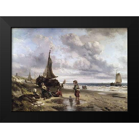 Children Playing By The Ocean Black Modern Wood Framed Art Print by Kate, Jan Mari