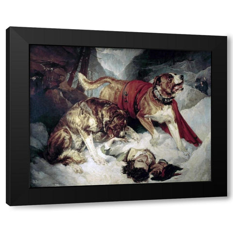Alpine Mastiffs Reanimating a Distressed Traveller Black Modern Wood Framed Art Print by Landseer, Sir Edwin