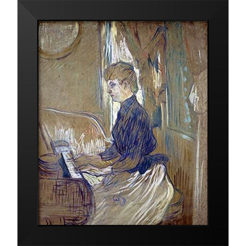 At the Piano, Madame Juliette Pascal in the Salon of the Malrome Palace Black Modern Wood Framed Art Print by Toulouse-Lautrec, Henri