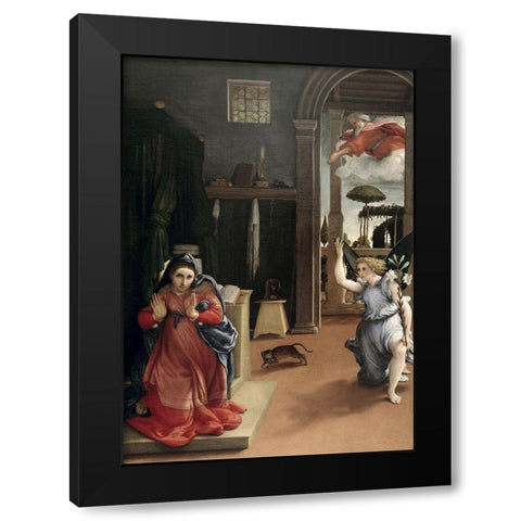 Annunciation Black Modern Wood Framed Art Print with Double Matting by Lotto, Lorenzo