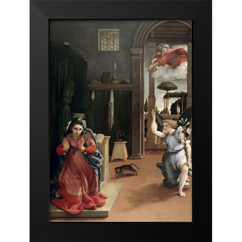 Annunciation Black Modern Wood Framed Art Print by Lotto, Lorenzo
