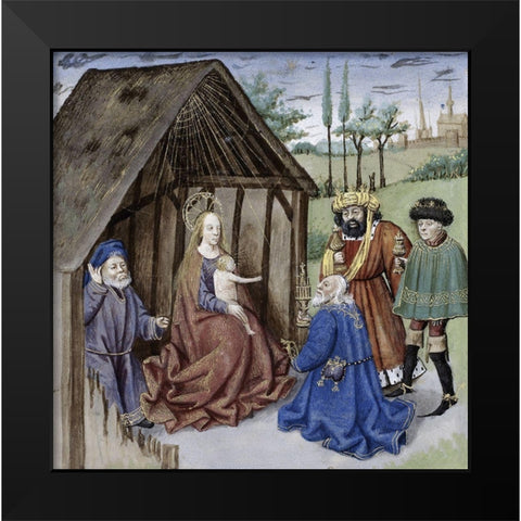 Nativity With Three Kings Black Modern Wood Framed Art Print by Ludolf of Saxony,