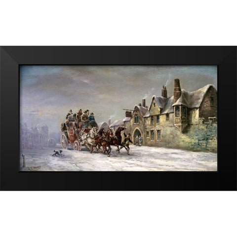 Salisbury In Winter: Coach Arrives at The Star Inn Black Modern Wood Framed Art Print by Maggs, John Charles