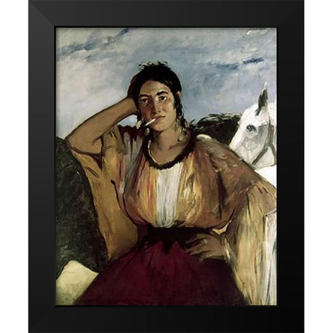 Gypsy with a Cigarette (Indian Woman Smoking) Black Modern Wood Framed Art Print by Manet, Edouard
