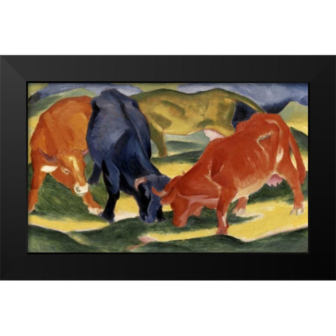 Fighting Cows Black Modern Wood Framed Art Print by Marc, Franz