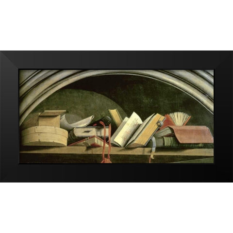 Still Life: Shelf With Books Black Modern Wood Framed Art Print by Masters of the Aix Annuniciation
