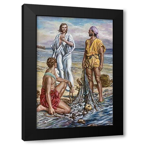 Jesus and The Fishermen Black Modern Wood Framed Art Print with Double Matting by Matania, Fortunino