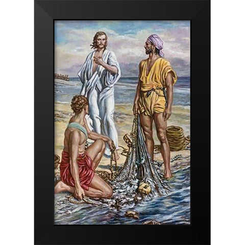 Jesus and The Fishermen Black Modern Wood Framed Art Print by Matania, Fortunino