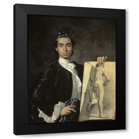 Portrait of The Artist Holding a Life Study Black Modern Wood Framed Art Print by Melendez, Luis Egidio