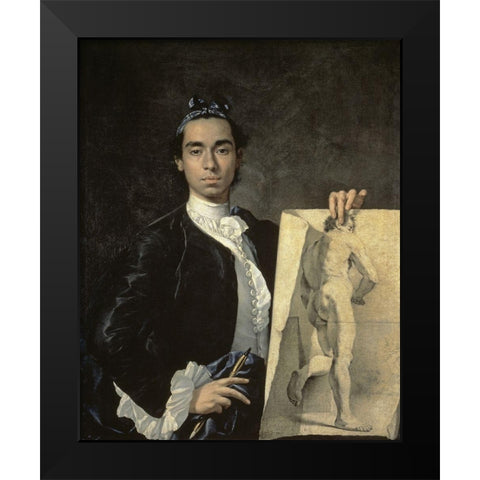 Portrait of The Artist Holding a Life Study Black Modern Wood Framed Art Print by Melendez, Luis Egidio