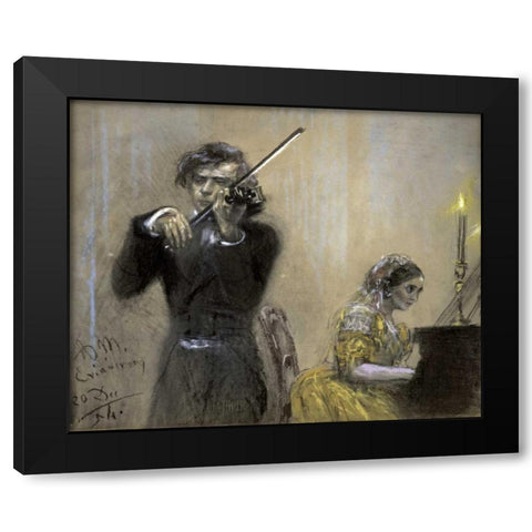 A Violinist and Clara Schumann Black Modern Wood Framed Art Print with Double Matting by Von Menzel, Adolf