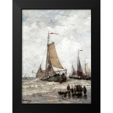 Fisherman On The Beach Black Modern Wood Framed Art Print by Mesdag, Hendrik Willem