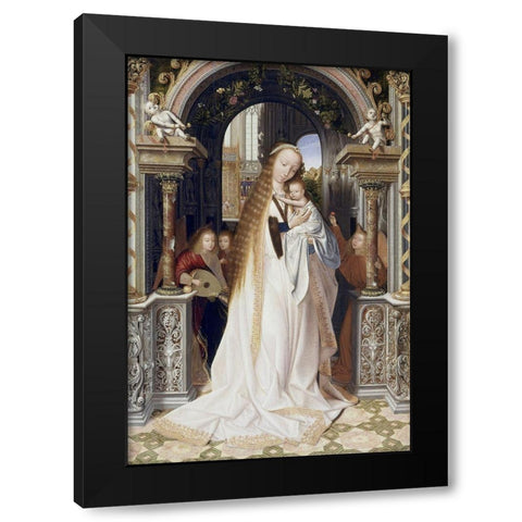 Virgin and Infant With Three Angels Black Modern Wood Framed Art Print by Metsys, Quinten