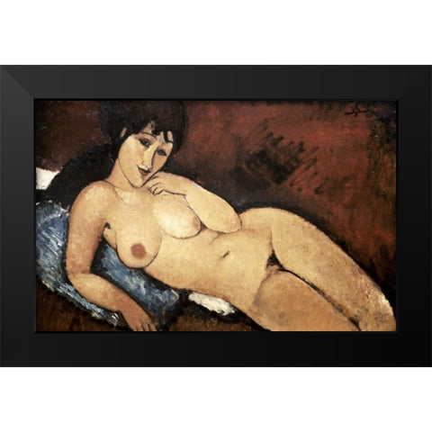 Nude on a Blue Cushion Black Modern Wood Framed Art Print by Modigliani, Amedeo
