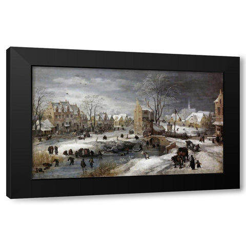 A Village In Winter Black Modern Wood Framed Art Print by De Momper, Joos the Younger