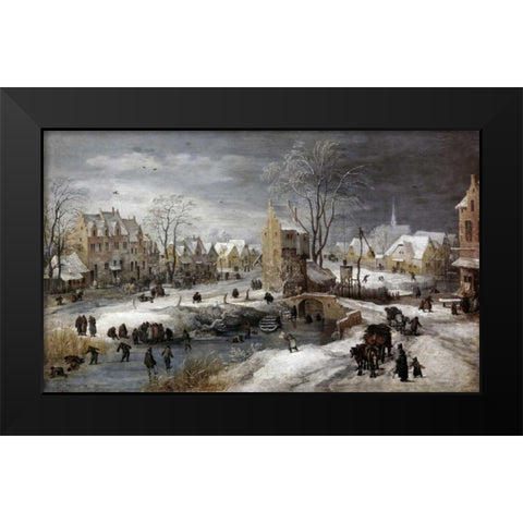 A Village In Winter Black Modern Wood Framed Art Print by De Momper, Joos the Younger