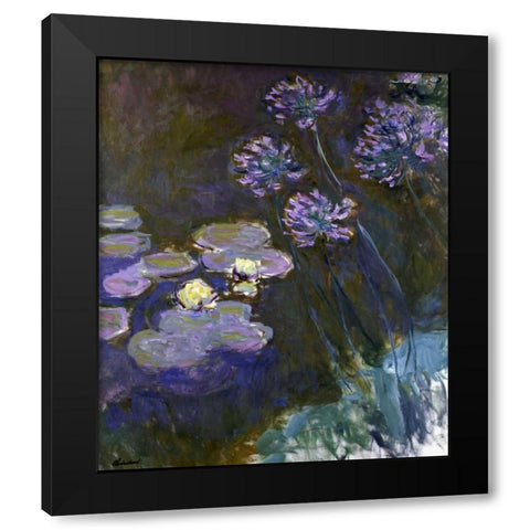 Water Lilies and Agapanthus Black Modern Wood Framed Art Print with Double Matting by Monet, Claude
