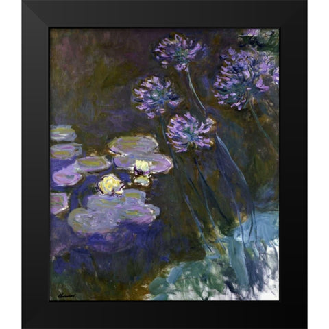 Water Lilies and Agapanthus Black Modern Wood Framed Art Print by Monet, Claude