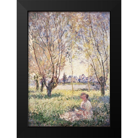 Woman Seated under the Willows Black Modern Wood Framed Art Print by Monet, Claude