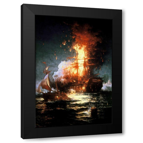 Burning of the Frigate Philadelphia Tripoli Harbor, Feb 16, 1804 Black Modern Wood Framed Art Print with Double Matting by Moran, Edward