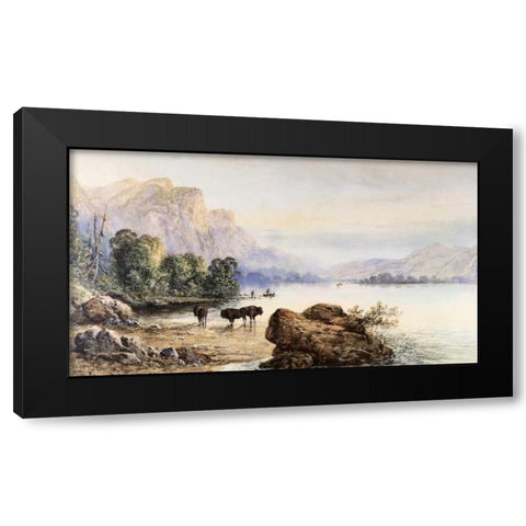 Buffalo Watering Black Modern Wood Framed Art Print by Moran, Thomas