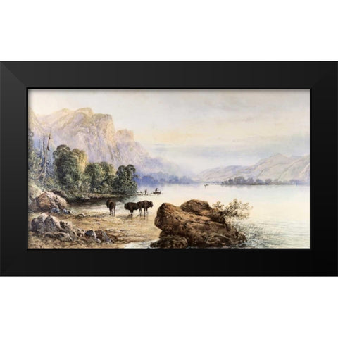 Buffalo Watering Black Modern Wood Framed Art Print by Moran, Thomas