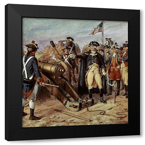 Washington Firing First Shot at Yorktown Black Modern Wood Framed Art Print with Double Matting by Ogden, Henry Alexander