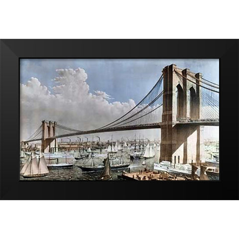 Great East River Suspension Bridge NYC, Brooklyn, 1883 Black Modern Wood Framed Art Print by Parsons, Charles
