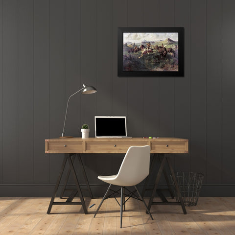 Buffalo Hunt Black Modern Wood Framed Art Print by Paxson, Edgar Samuel