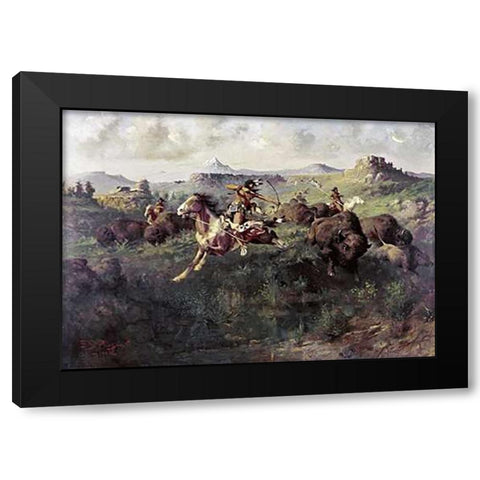 Buffalo Hunt Black Modern Wood Framed Art Print with Double Matting by Paxson, Edgar Samuel