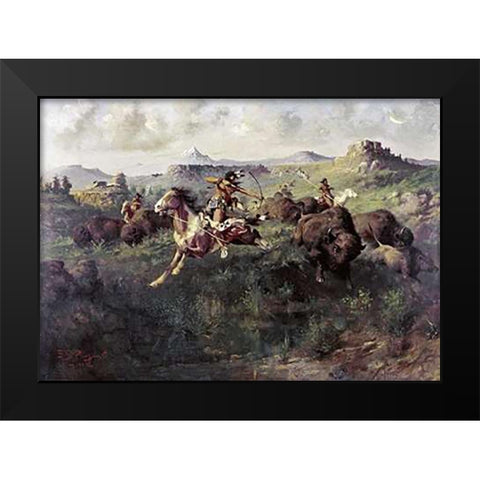 Buffalo Hunt Black Modern Wood Framed Art Print by Paxson, Edgar Samuel