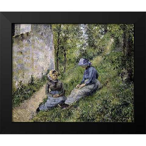 Paysannes Assisses, Causant Black Modern Wood Framed Art Print by Pissarro, Camille