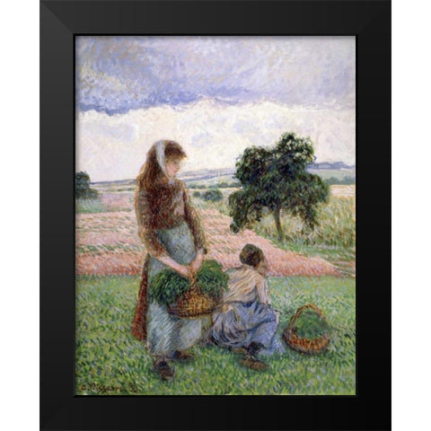 Peasants Carrying a Basket Black Modern Wood Framed Art Print by Pissarro, Camille