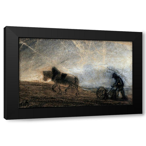 Plowman Black Modern Wood Framed Art Print by Pissarro, Camille