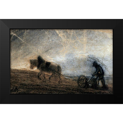 Plowman Black Modern Wood Framed Art Print by Pissarro, Camille