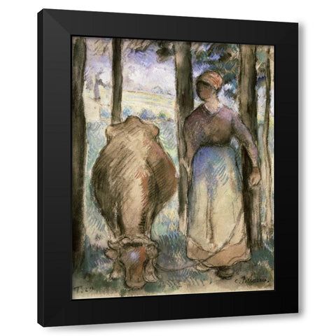 The Cowherd - La Vachere Black Modern Wood Framed Art Print with Double Matting by Pissarro, Camille