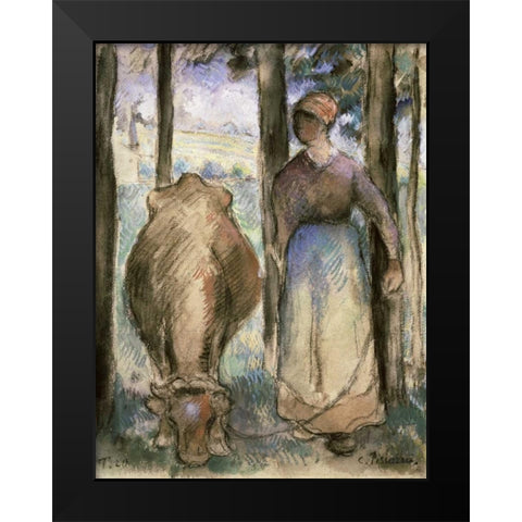 The Cowherd - La Vachere Black Modern Wood Framed Art Print by Pissarro, Camille
