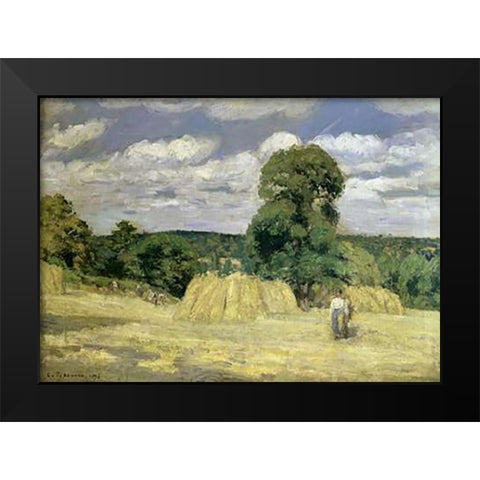 The Harvest at Montfoucault Black Modern Wood Framed Art Print by Pissarro, Camille