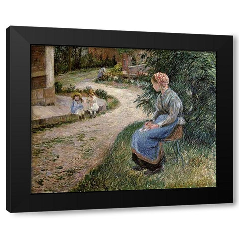 The Servant Seated in the Garden of Eragny Black Modern Wood Framed Art Print by Pissarro, Camille