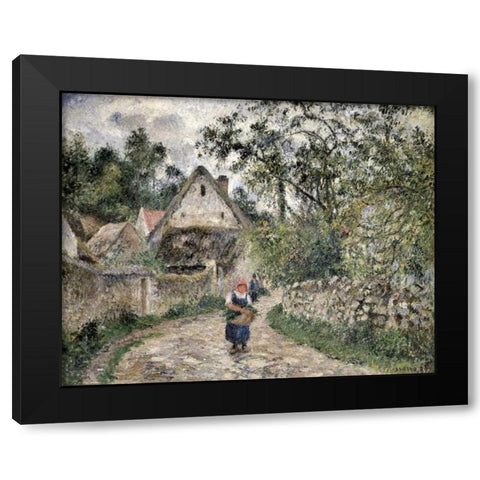 Village Street at Valhermeil Black Modern Wood Framed Art Print by Pissarro, Camille