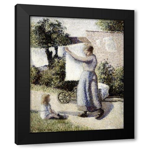 Woman Hanging Laundry Black Modern Wood Framed Art Print with Double Matting by Pissarro, Camille