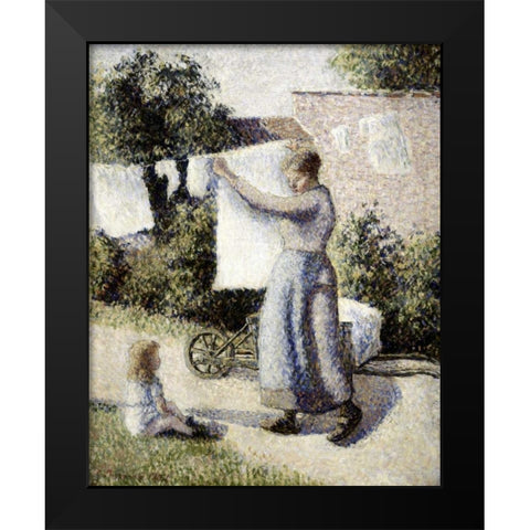 Woman Hanging Laundry Black Modern Wood Framed Art Print by Pissarro, Camille