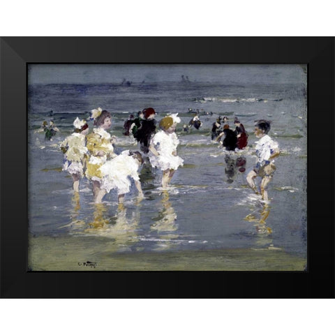 Children on the Beach Black Modern Wood Framed Art Print by Potthast, Edward Henry